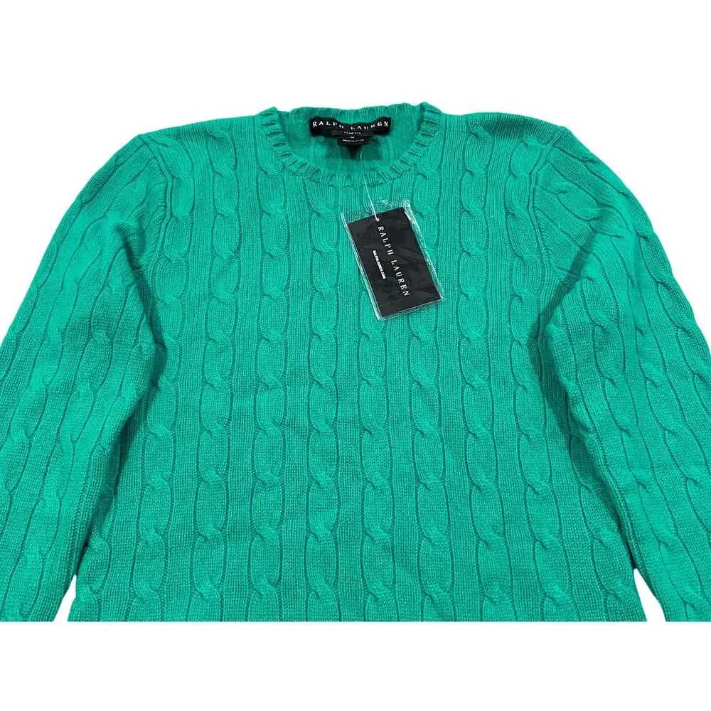 RALPH LAUREN NWT $425 100% Cashmere Cable Knit Slim Fit Crewneck Sweater Green M